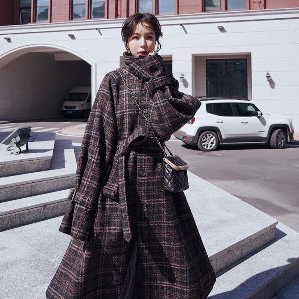 

women's wool & blends 2021 winter long retro style woolen coat casual loose fashion plaid jacket thick warm high-quality blend women, Black
