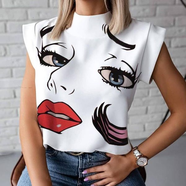 

sleeveless lip print womens tshirts summer stand neck streetwear t shirts lady 2020 new loose fashion white tshirt female top