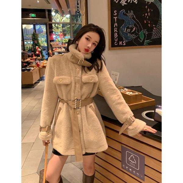 

women's fur & faux winter women overcoat outerwear short fitted thick warm turn down collar with belt plush jacket coat, Black