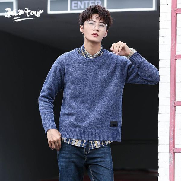 

brand 2020 new winter thick pullover men o-neck solid color long sleeve warm loose sweaters blue black khaki men's sweater male1, White;black