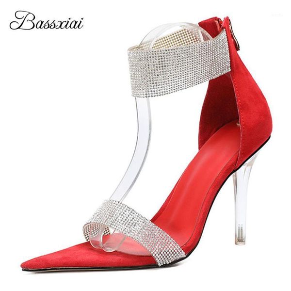 

sandals clear crystal thin high heel for girls women pvc transparent point toe back zip jeweled rhinestone suede summer shoes1, Black