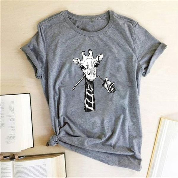 

giraffe rose printing t shirts women summer clothes graphic tees funny harajuku cotton round neck shirts for women loose, White