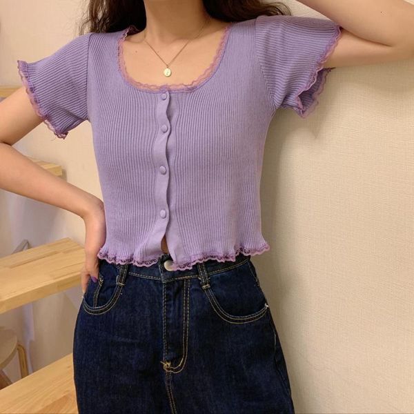

2021 summer women o neck short sleeved purple cardigans crop cotton blend crop tee drop shipping, White;black