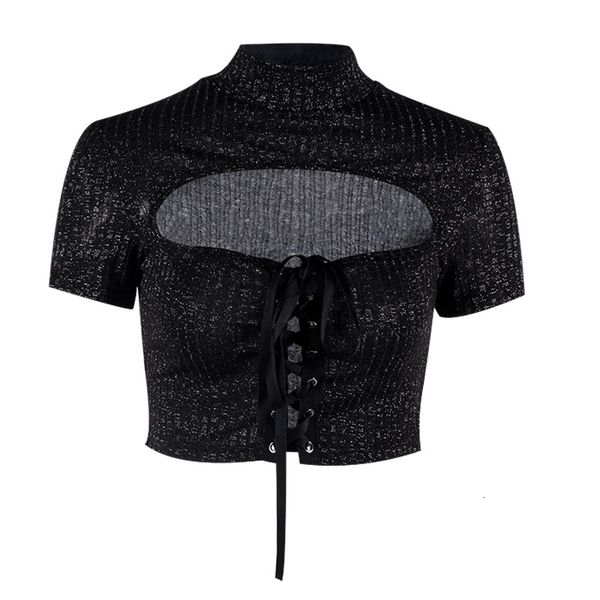 

2021 new spring four black glitter seasons plus wear short t-shirt tight elastic hollow-out tie female shirts wp9f, White
