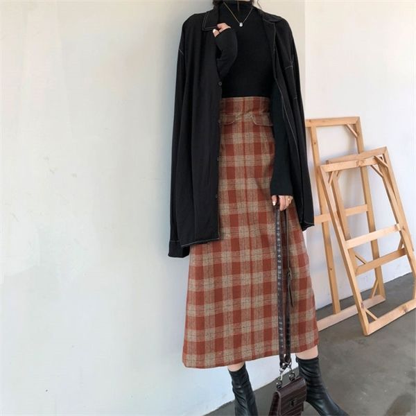 

plus size high waist long wool plaid skirt for women red warm wool elegant office lady vintage skirt autumn winter maxi skirts q1217, Black