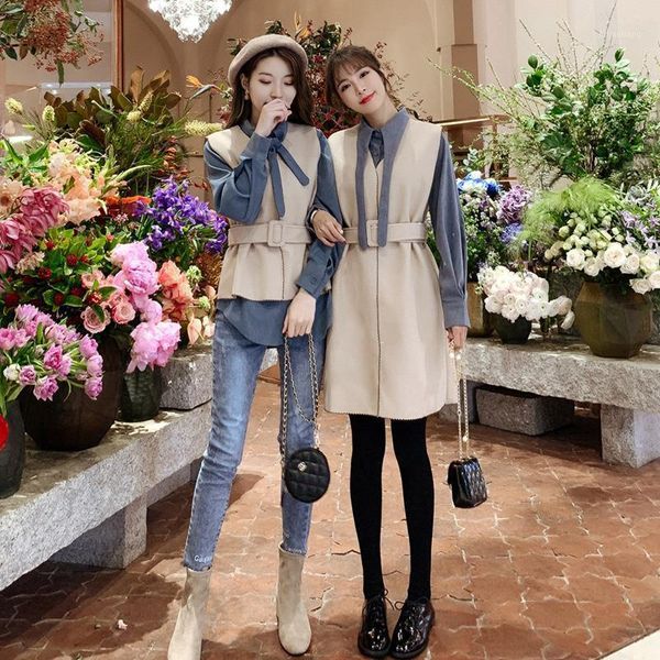 

women's tracksuits 2021 women autumn winter knitted sweater 2 piece sets lady sashes vest bow long sleeve shirt suit female casual slim, Gray