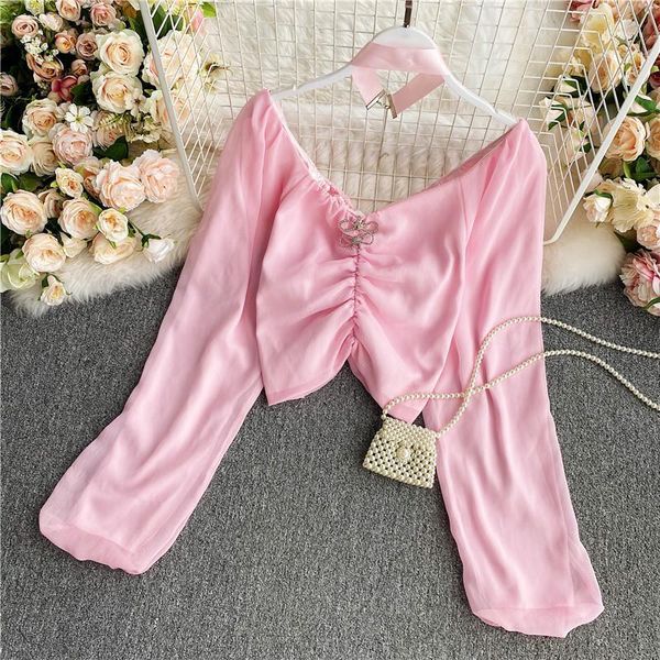 

women autumn new blouse slash neck strapless slim chiffon shirts japan puff sleeve short crop female gx10671, White