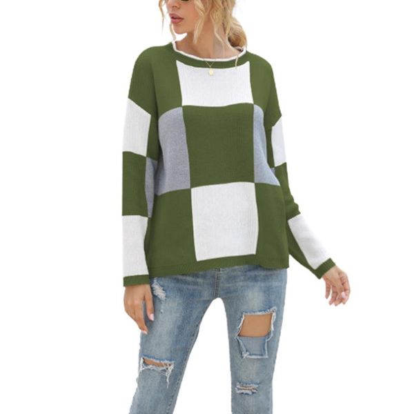 

women's sweaters women sweater color block plaid pullover round neck long sleeve fall winter knitwear casual charm style, White;black