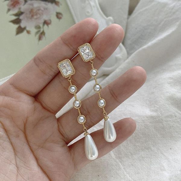 

dangle & chandelier vintage long pearl crystal tassel drop earrings for women 2021 gold color korean earring wedding fashion jewelry gift, Silver