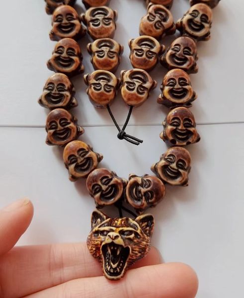 

handmade bracelet pendant carved buddha wolf totem yak bone beads punk antique jewelry, Black
