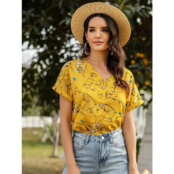 

women's blouses & shirts missky 2021 summer blouse printing all-match short-sleeve v-neck chiffon shirt female yellow color, White