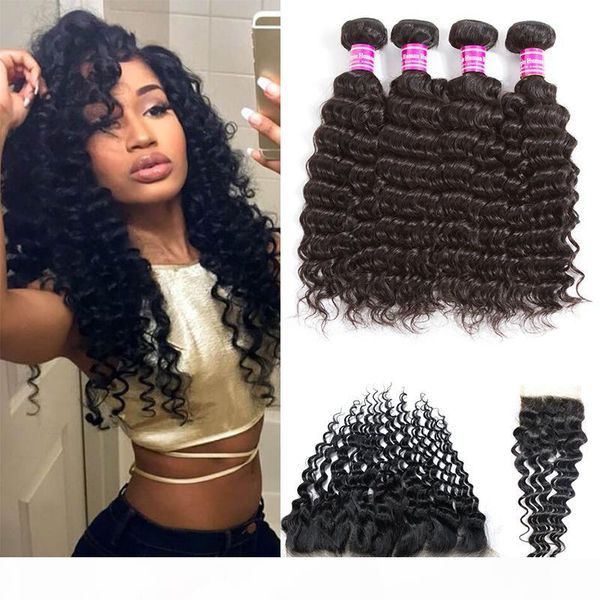 

brazilian deep wave curly virgin hair bundles with closure 4 bundle and frontal remy human hair weave bundles wefts with 4x4 lace closure, Black