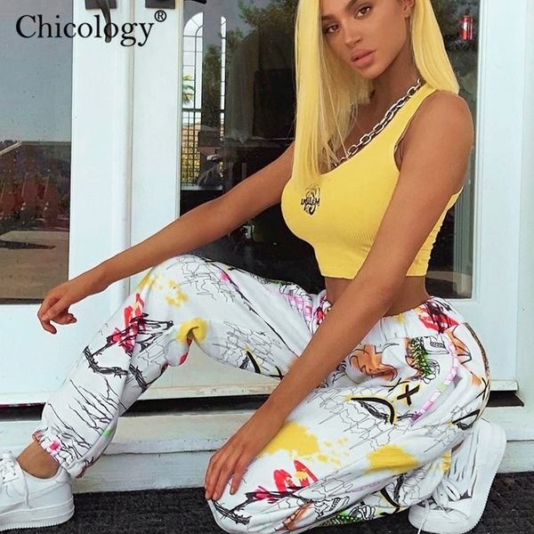 

chicology print streetwear long pants women high waist gothic baggy trousers autumn winter sweatpants female punk clothes y200418, Black;white