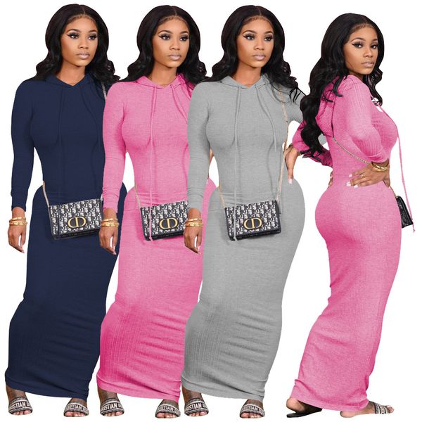 

long style womens dresses spring autumn fall casual ladies long sleeve hooded dress solid color slim women clothes 2021, Black;gray