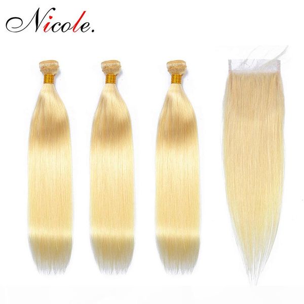 

peruvian 100% human hair bundles with closure 4 pcs 613 blonde color remy hair swiss lace closure straight hair extension for women, Black