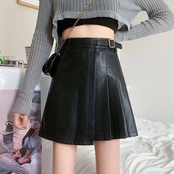

korean new high waist zipper leather pleated skirt black fashion brand a-line mini skirts womens autumn winter new hipster ins y1214