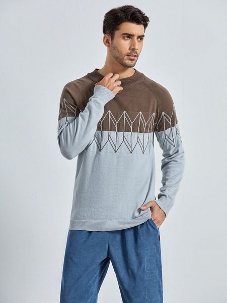 

men two tone geo pattern raglan sleeve sweater 19mv#, White;black