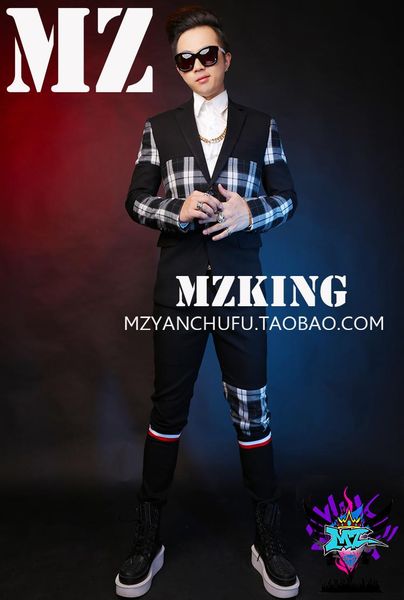 

men singers nightclub show suit high-grade black white plaid splice suit pant formal dress party blazer costumes, White;black