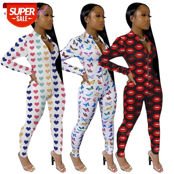 

women spring heart butterfly print skinny jumpsuit long sleeve zipper bandage night party rompers outfit street overalls #iw0e, Black;white