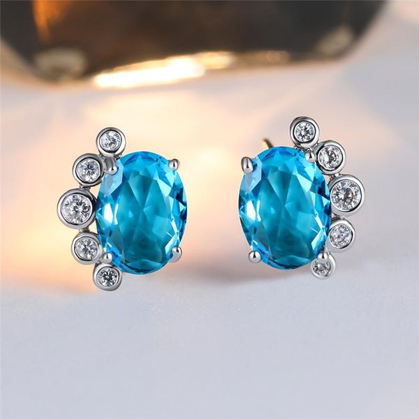 

aqua blue birthstone cute oval zircon stud earrings for women wedding jewelry vintage silver color rainbow crystal earrings gift, Golden;silver