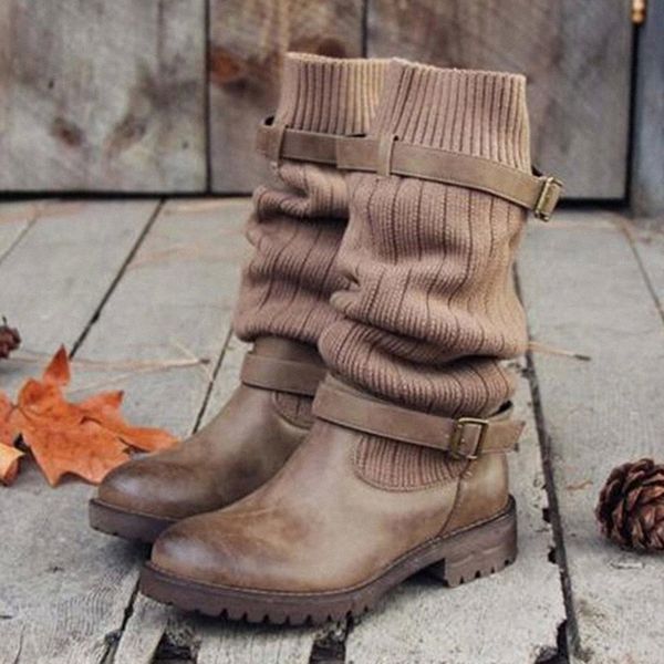 

Lucyever Vintage Buckle Pu Leather Knee High Boots Women Patchwork Knitting Elastic Western Boots Woman Low Heel Plus Size Shoes #4V6r, Black