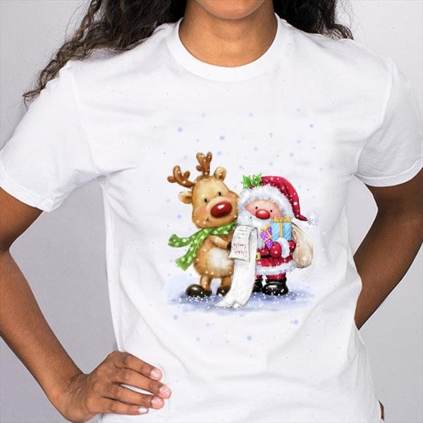 

women graphic deer snow santa claus cartoon 90s merry christmas clothes print lady tees clothing female t shirt t shirt, White