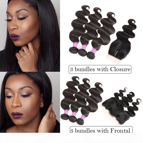 

wholesale brazilian malaysian indian body wave 3 bundles virgin human hair extensions weave bundles with lace closure frontal ear to ear, Black;brown