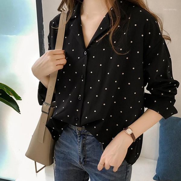 

trend women blouse long sleeve polka dot turn-down collar casual ladies button shirts plus size chiffon blouse blusas mujer1, White