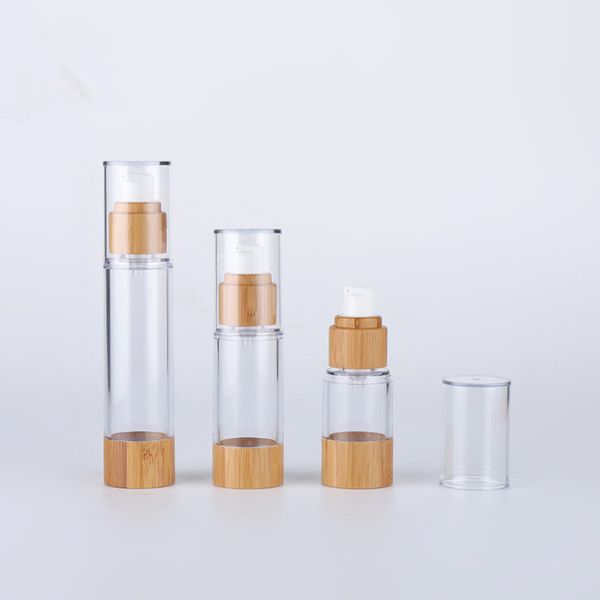 Freeship Bamboo Airless Cosmetic Soro Press Pump Bottle 15ml 30ml 50ml 100ml, Cosmetic Packaging BB Cream Airless bottle with Clear Outer Cover Lid for Face Lotion