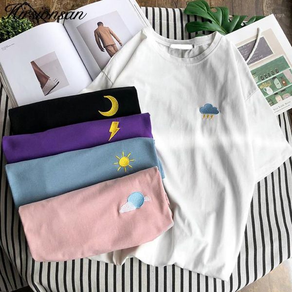 

hirsionsan harajuku 2020 summer short sleeve t shirt women casual weather embroidery tshirt female korean cute cotton tees1, White