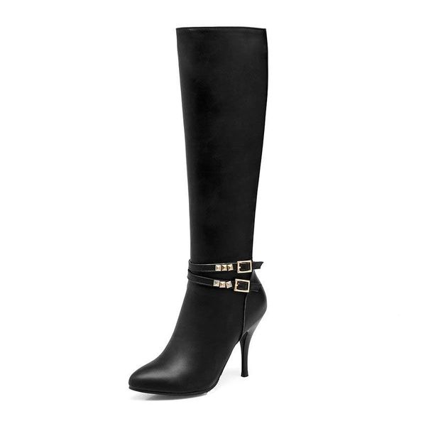 

esveva 2020 femininas elegantes saltos finos apontados dedo p pele quente salto alto na altura do joelho-botas altas rebites botas, Black