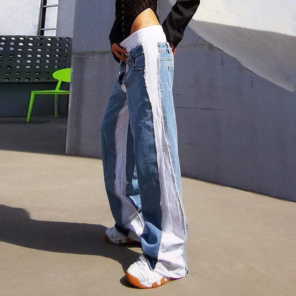 

women's jeans 2021 autumn fashion stitching elastic high waist drape wide-leg, Blue