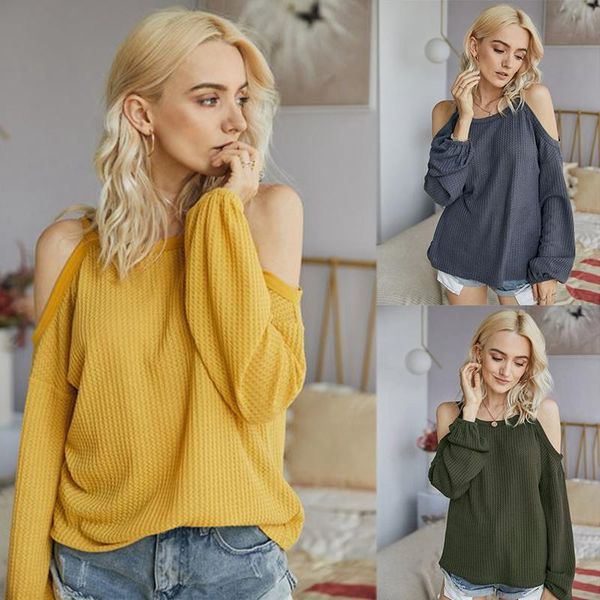 

women's t-shirt women loose knitted female long sleeve o-neck pullover off shoulder thin solid casual, White
