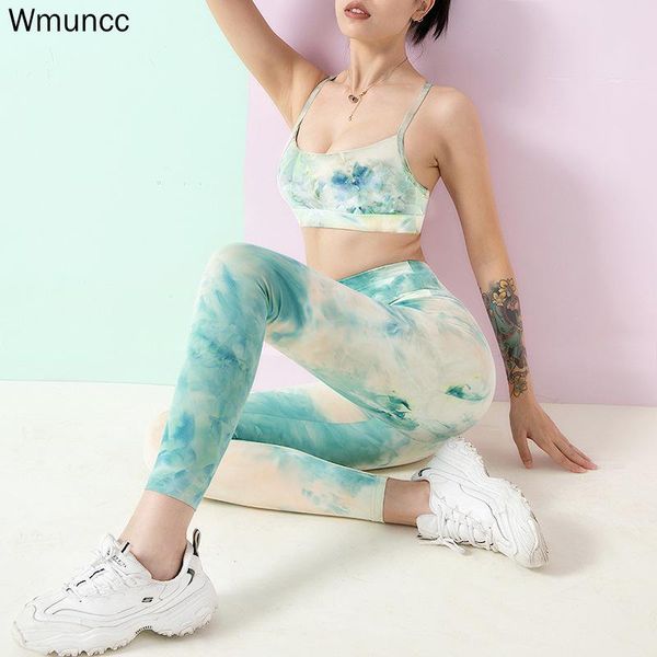 

yoga outfits wmuncc 2pcs set tracksuit women print design fresh color gym suit fitness sports pant high waist legging strap bra pad top, White;red