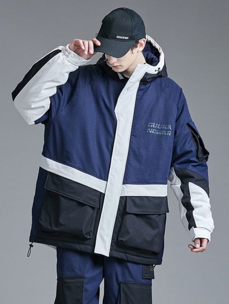 

men color block flap pocket drawstring hem hooded winter coat 24a1#, Black;brown