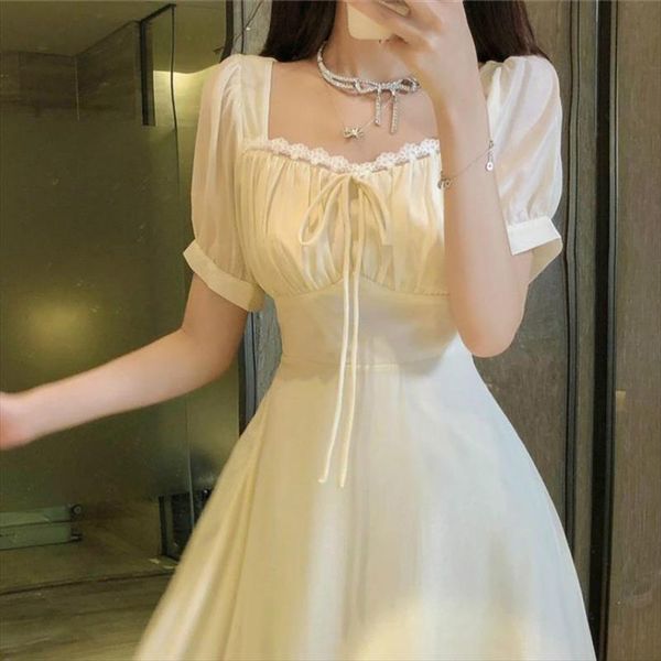 

2020 french vintage midi dress women new summer lace square collar puff sleeve fairy long dress retro one piece korean, Black;gray