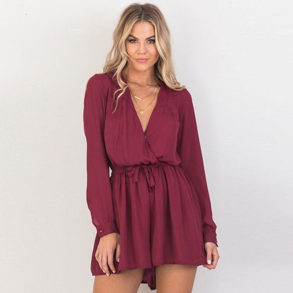 

2020 women's autumn long sleeve playsuit v neck loose elegant high waist bandage bow tie overalls combinaison femme wy*, Black;white