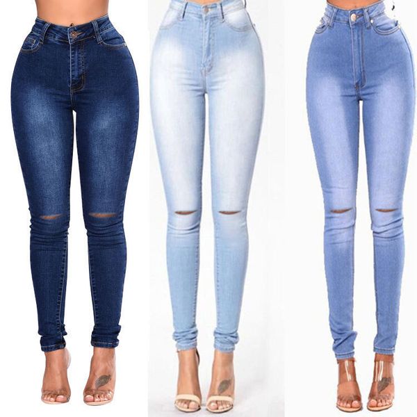 

2020 women's skinny high elastic perforated jeans pencil pants, Blue
