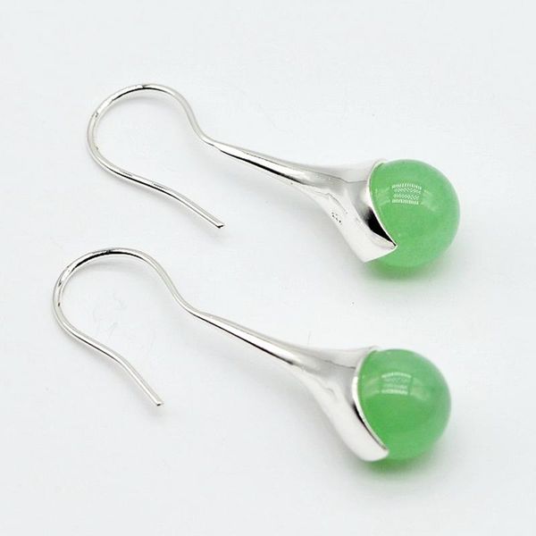 

dangle & chandelier ladies silver earrings, green jade round beads, 925 sterling silver, long earrings