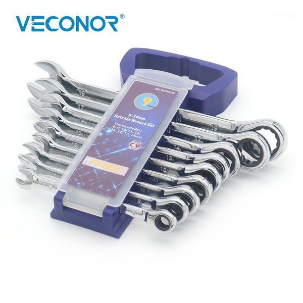 

veconor 9pcs fully polish combination ratchet wrench set 8~19mm sizes 72t ratcheting fixed head and open-end spanner rack packed1