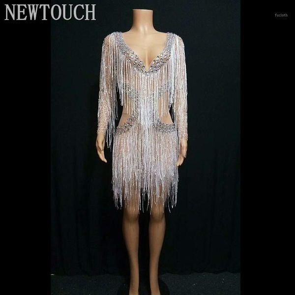 

silver rhinestone fringed lady dress performance prom clothing singer bar see through mesh dress shiny tassels birthday1, Black;red