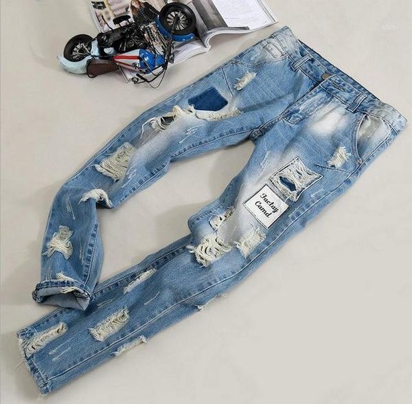 

2020 fashion hole straight cotton denim trousers streetwear slim biker hip hop ripped overalls patch jeans men1, Blue