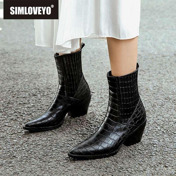 

boots simloveyo pointed toe ankle for women western stone pattern chunky heels booties mixed color block bottes size 33-45, Black