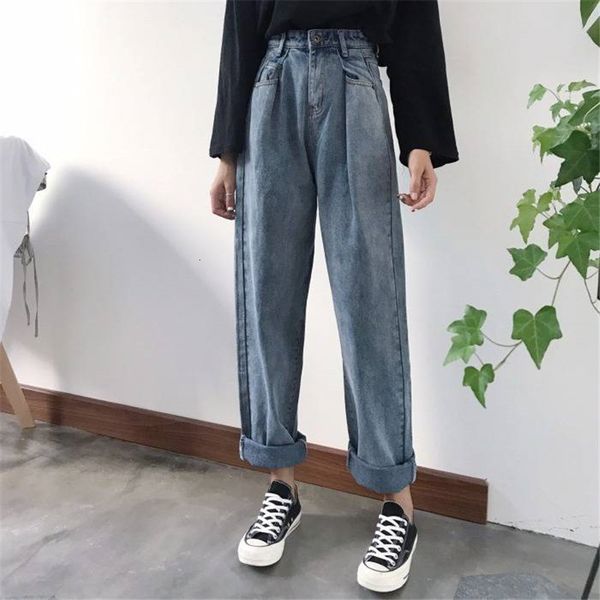 

spring new high waist plus size 5xl retro denim pants women pleat pockets mom jeans female wide leg trousers all-match streetwear, Blue