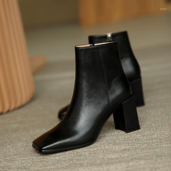 

fashion genuine leather women's ankle boots elegant square toe thick high heels pumps party casual shoes woman1, Black