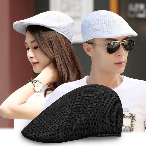 

summer men women sun mesh beret cap newsboy golf cabbie flat peaked hat casquette breathable berets, Blue;gray