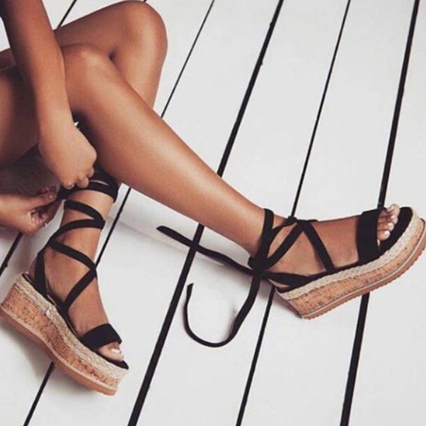 

summer wedge espadrilles woman sandals open toe rome shoes gladiator sandals ladies casual lace up female platform sandals y200702, Black