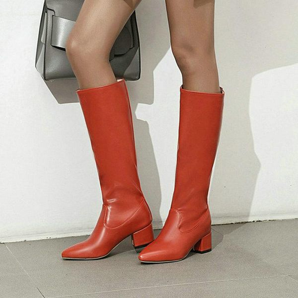 Heißer Verkauf-Schwarz Weiß Orange Frauen Kniehohe Stiefel Mode Spitze Zehen Quadratische Ferse Damen Stiefel Kurze Plüsch Frauen Winter schuhe Große Größe 43