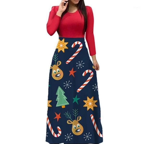 

christmas theme print long sleeve o-neck dress elegant women autumn winter high waist casual loose robe maxi vestidos plus size1, Black;gray