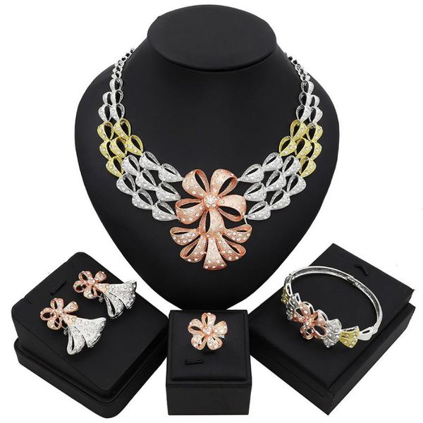 

tsround роскошный цветочный баноккот форма ювелирных изделий набор три тонов африканский дубай свадебное свадебное ожерелье серьги кольцо бр, Silver